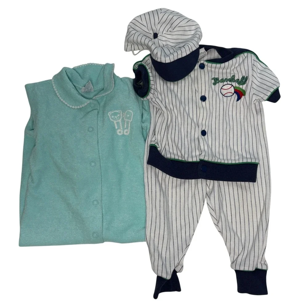Vintage 18M Carters Teal Sleeper Baseball  Set Blue White Retro Infant Baby